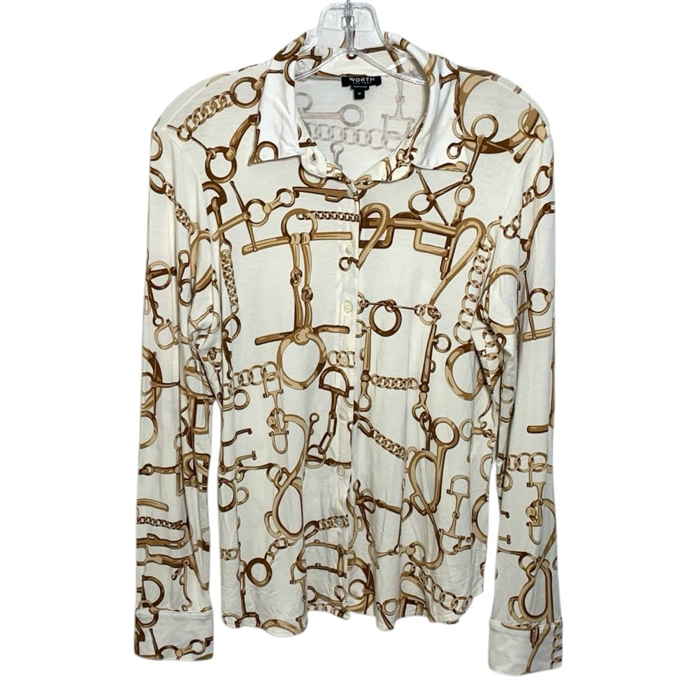WORTH New York Equestrian Women Chain Long Sleeve Button Down Top Blouse Medium